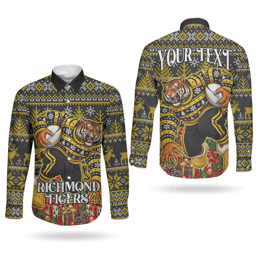 Personalized Richmond Tigers Football Christmas Couples Matching Off Shoulder Short Dress and Long Sleeve Button Shirt Australian Football Mascot - Ugly Xmas Pattern Festive