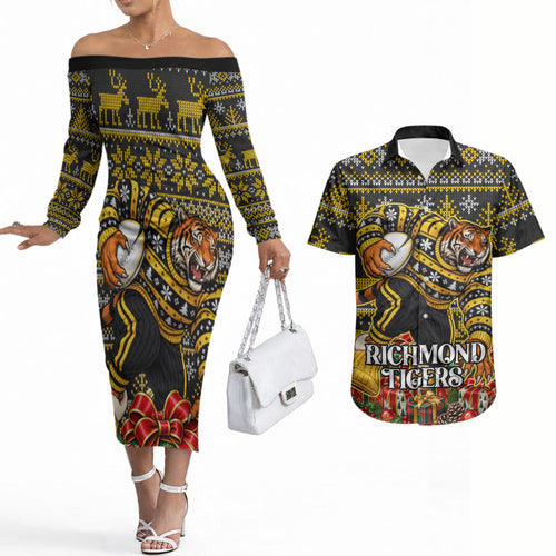 Personalized Richmond Tigers Football Christmas Couples Matching Off The Shoulder Long Sleeve Dress and Hawaiian Shirt Australian Football Mascot - Ugly Xmas Pattern Festive