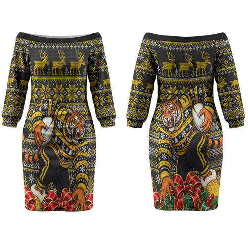 Personalized Richmond Tigers Football Christmas Couples Matching Off The Shoulder Long Sleeve Dress and Hawaiian Shirt Australian Football Mascot - Ugly Xmas Pattern Festive