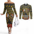 Personalized Richmond Tigers Football Christmas Couples Matching Off The Shoulder Long Sleeve Dress and Long Sleeve Button Shirt Australian Football Mascot - Ugly Xmas Pattern Festive