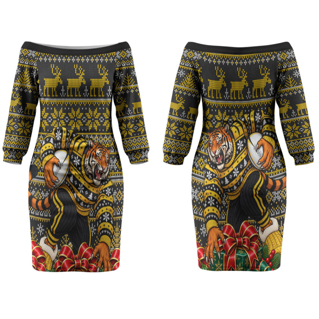 Personalized Richmond Tigers Football Christmas Couples Matching Off The Shoulder Long Sleeve Dress and Long Sleeve Button Shirt Australian Football Mascot - Ugly Xmas Pattern Festive