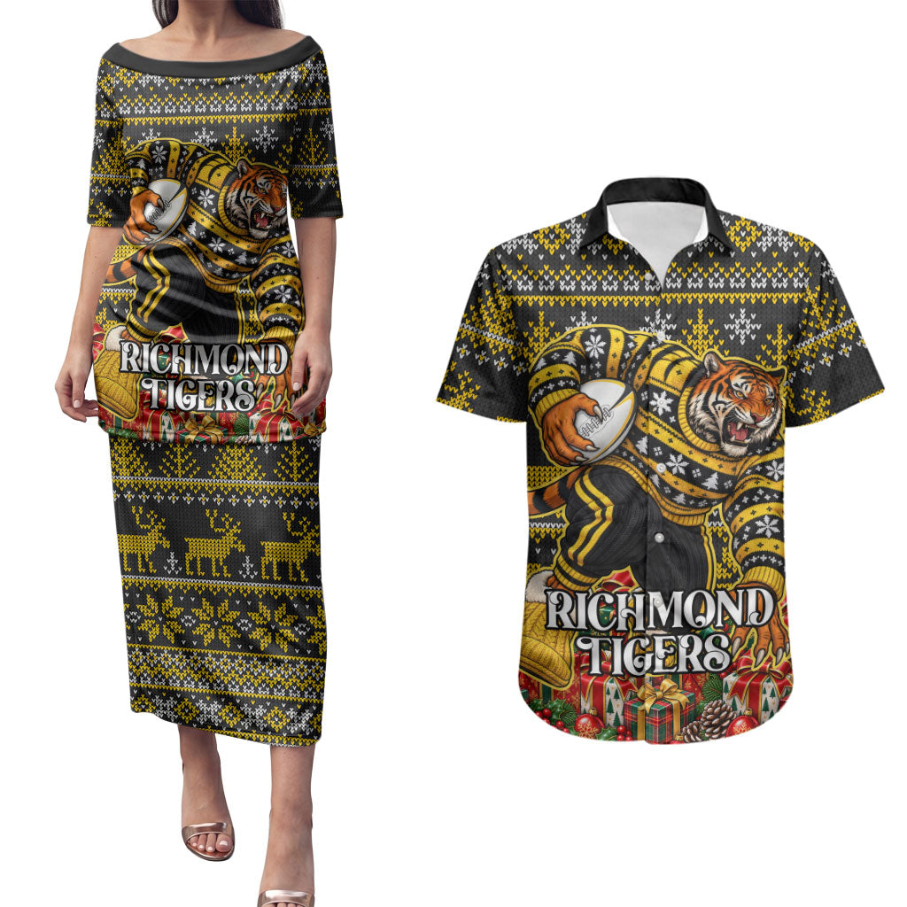 Personalized Richmond Tigers Football Christmas Couples Matching Puletasi and Hawaiian Shirt Australian Football Mascot - Ugly Xmas Pattern Festive