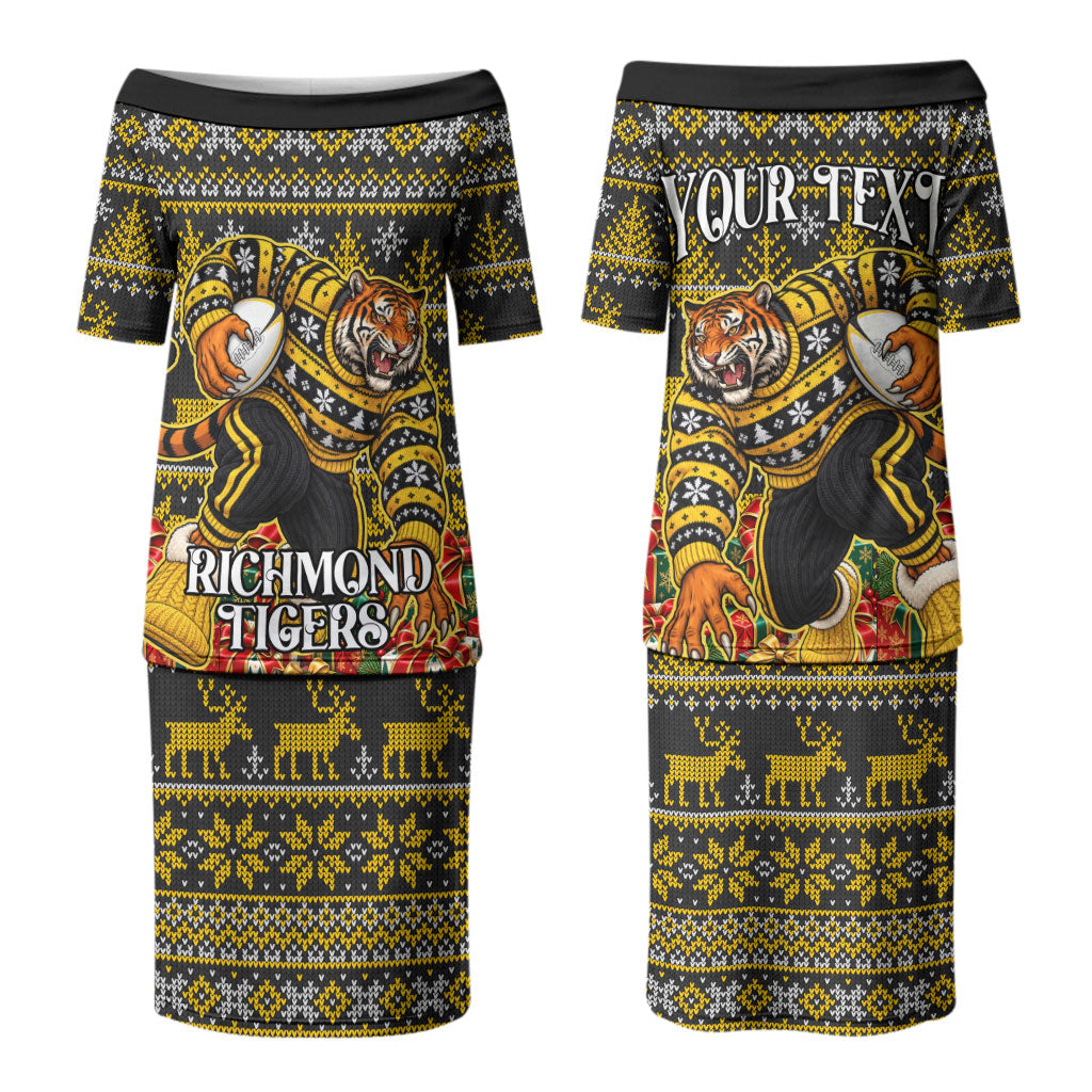 Personalized Richmond Tigers Football Christmas Couples Matching Puletasi and Hawaiian Shirt Australian Football Mascot - Ugly Xmas Pattern Festive