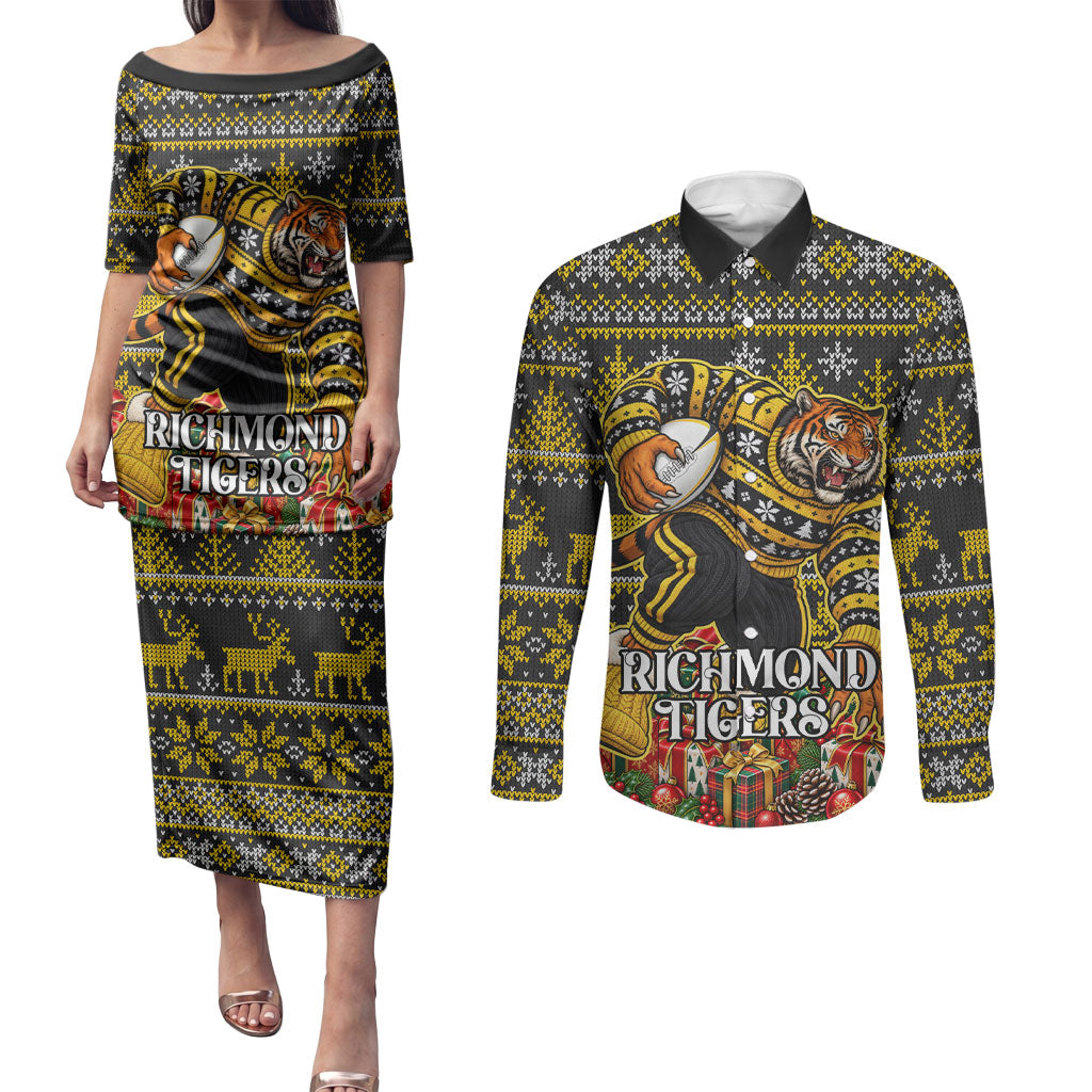 Personalized Richmond Tigers Football Christmas Couples Matching Puletasi and Long Sleeve Button Shirt Australian Football Mascot - Ugly Xmas Pattern Festive