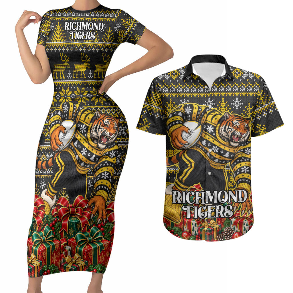 Personalized Richmond Tigers Football Christmas Couples Matching Short Sleeve Bodycon Dress and Hawaiian Shirt Australian Football Mascot - Ugly Xmas Pattern Festive