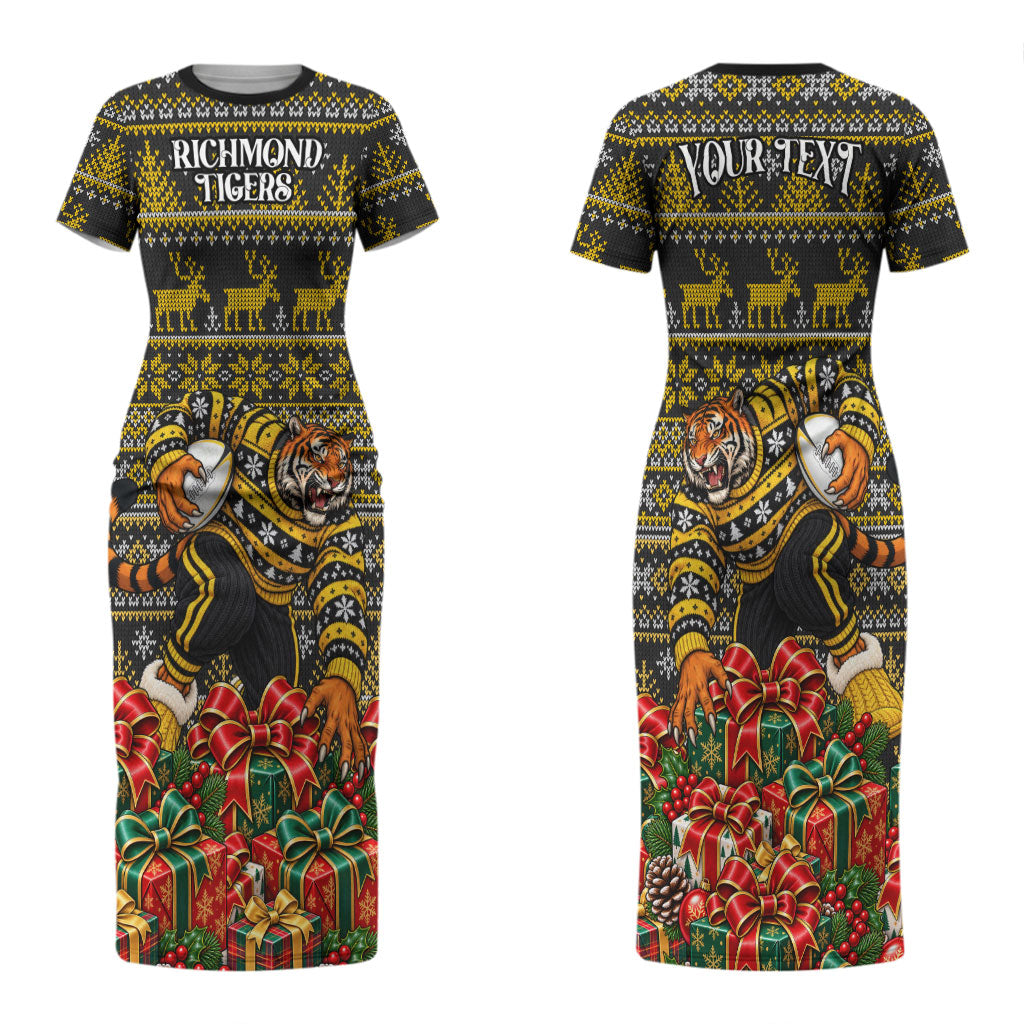Personalized Richmond Tigers Football Christmas Couples Matching Short Sleeve Bodycon Dress and Hawaiian Shirt Australian Football Mascot - Ugly Xmas Pattern Festive