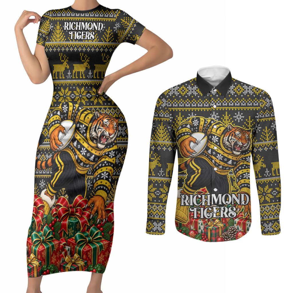 Personalized Richmond Tigers Football Christmas Couples Matching Short Sleeve Bodycon Dress and Long Sleeve Button Shirt Australian Football Mascot - Ugly Xmas Pattern Festive