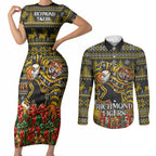 Personalized Richmond Tigers Football Christmas Couples Matching Short Sleeve Bodycon Dress and Long Sleeve Button Shirt Australian Football Mascot - Ugly Xmas Pattern Festive