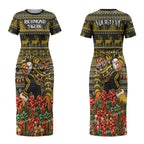 Personalized Richmond Tigers Football Christmas Couples Matching Short Sleeve Bodycon Dress and Long Sleeve Button Shirt Australian Football Mascot - Ugly Xmas Pattern Festive