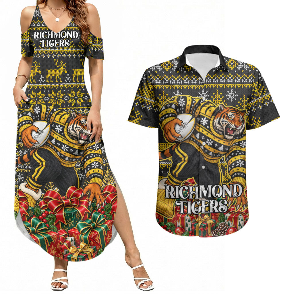 Personalized Richmond Tigers Football Christmas Couples Matching Summer Maxi Dress and Hawaiian Shirt Australian Football Mascot - Ugly Xmas Pattern Festive