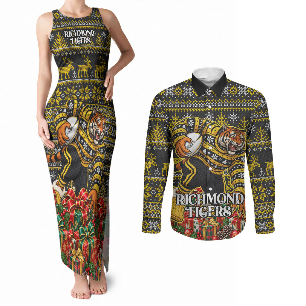 Personalized Richmond Tigers Football Christmas Couples Matching Tank Maxi Dress and Long Sleeve Button Shirt Australian Football Mascot - Ugly Xmas Pattern Festive