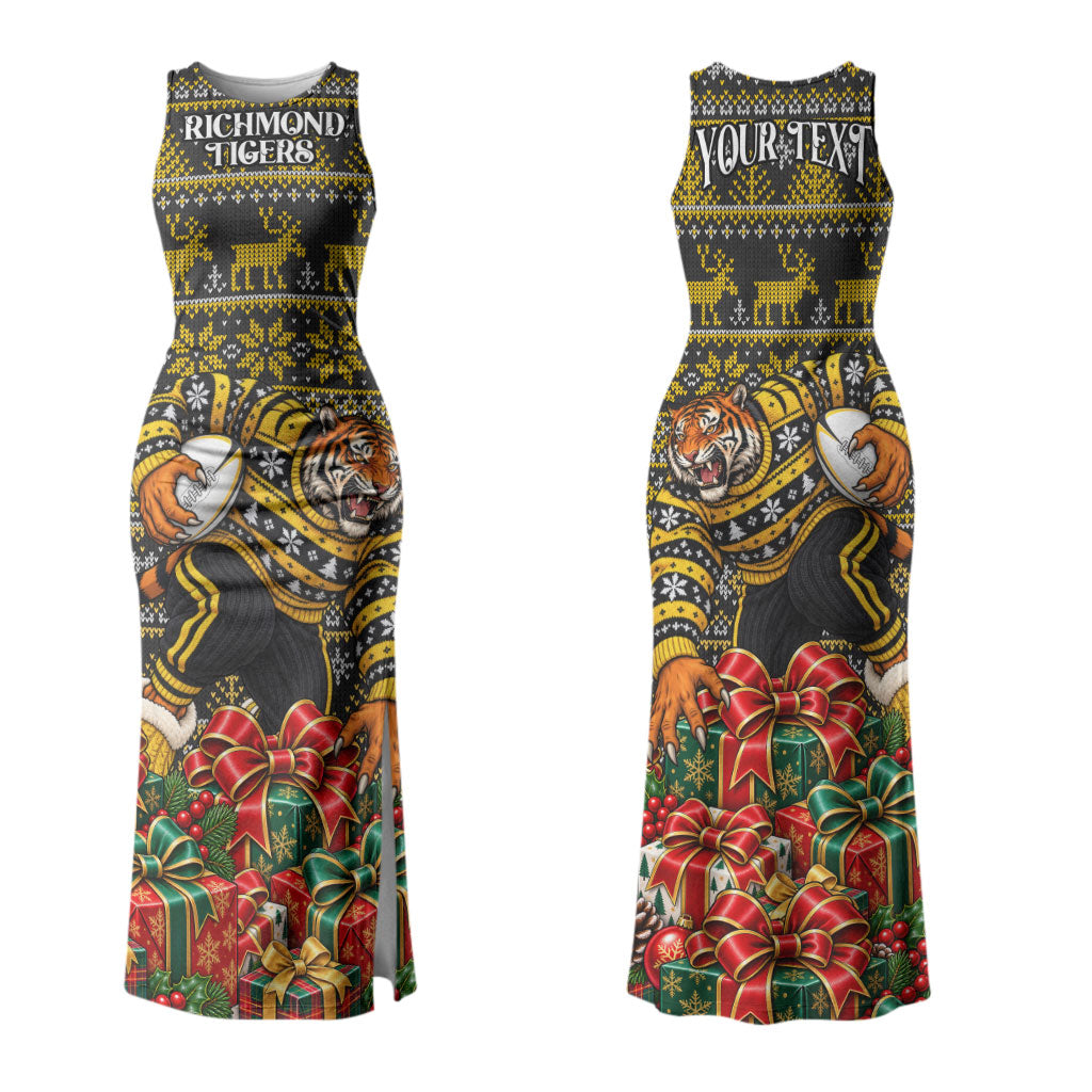 Personalized Richmond Tigers Football Christmas Couples Matching Tank Maxi Dress and Long Sleeve Button Shirt Australian Football Mascot - Ugly Xmas Pattern Festive