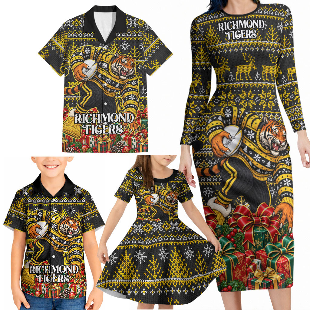 Personalized Richmond Tigers Football Christmas Family Matching Long Sleeve Bodycon Dress and Hawaiian Shirt Australian Football Mascot - Ugly Xmas Pattern Festive