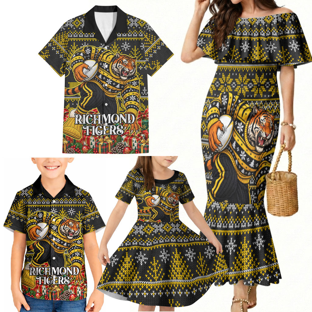 Personalized Richmond Tigers Football Christmas Family Matching Mermaid Dress and Hawaiian Shirt Australian Football Mascot - Ugly Xmas Pattern Festive