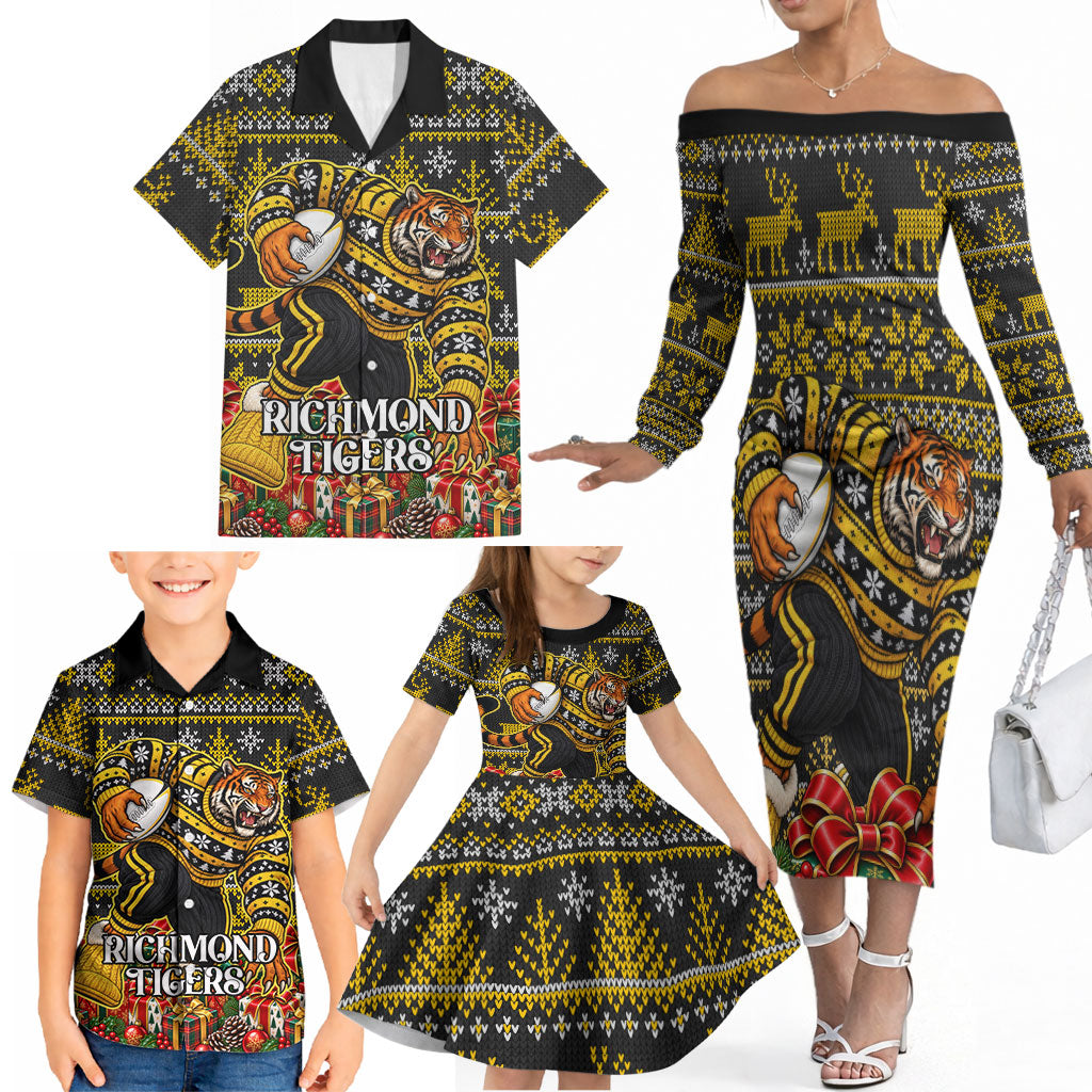 Personalized Richmond Tigers Football Christmas Family Matching Off The Shoulder Long Sleeve Dress and Hawaiian Shirt Australian Football Mascot - Ugly Xmas Pattern Festive
