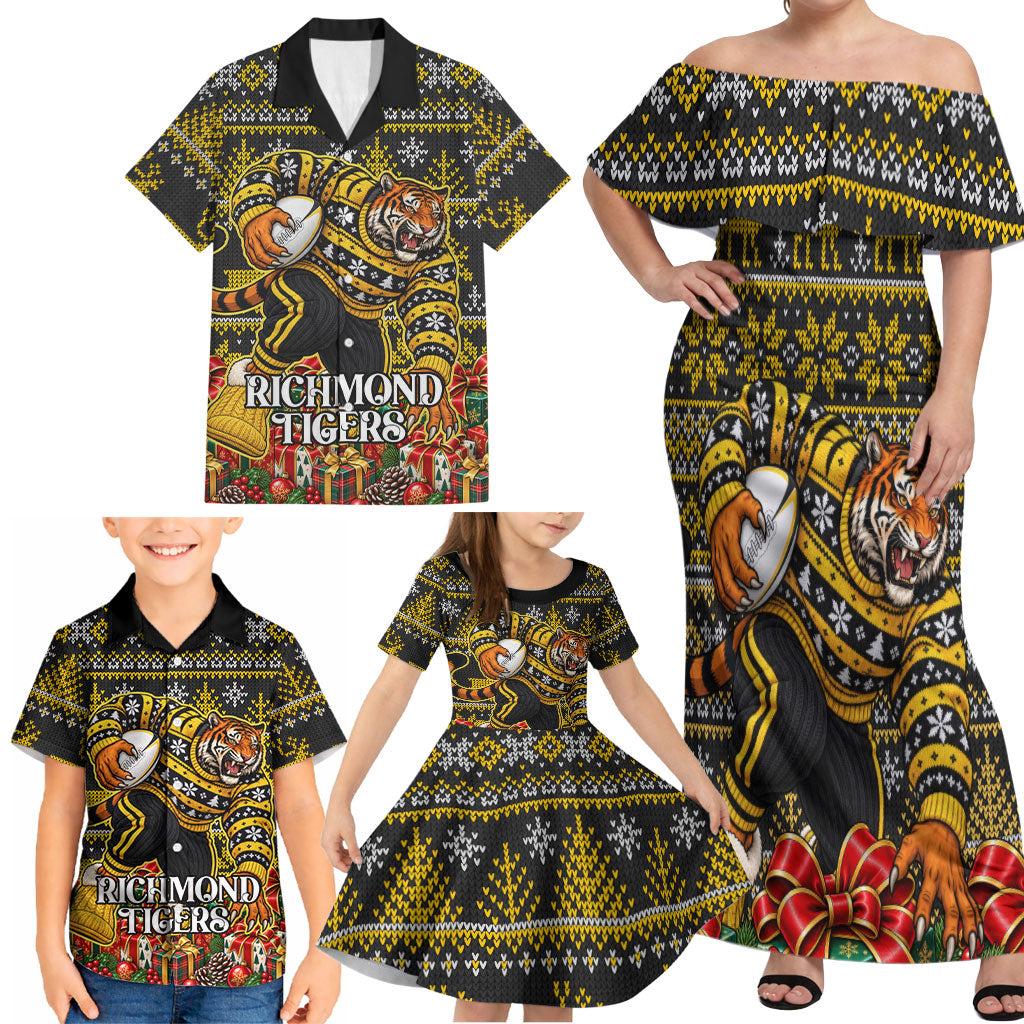 Personalized Richmond Tigers Football Christmas Family Matching Off Shoulder Maxi Dress and Hawaiian Shirt Australian Football Mascot - Ugly Xmas Pattern Festive