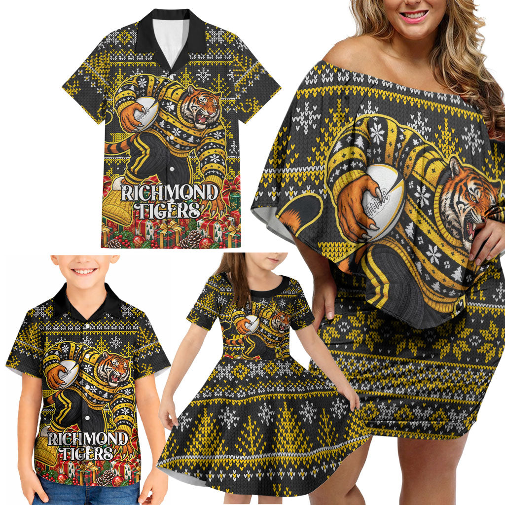Personalized Richmond Tigers Football Christmas Family Matching Off Shoulder Short Dress and Hawaiian Shirt Australian Football Mascot - Ugly Xmas Pattern Festive