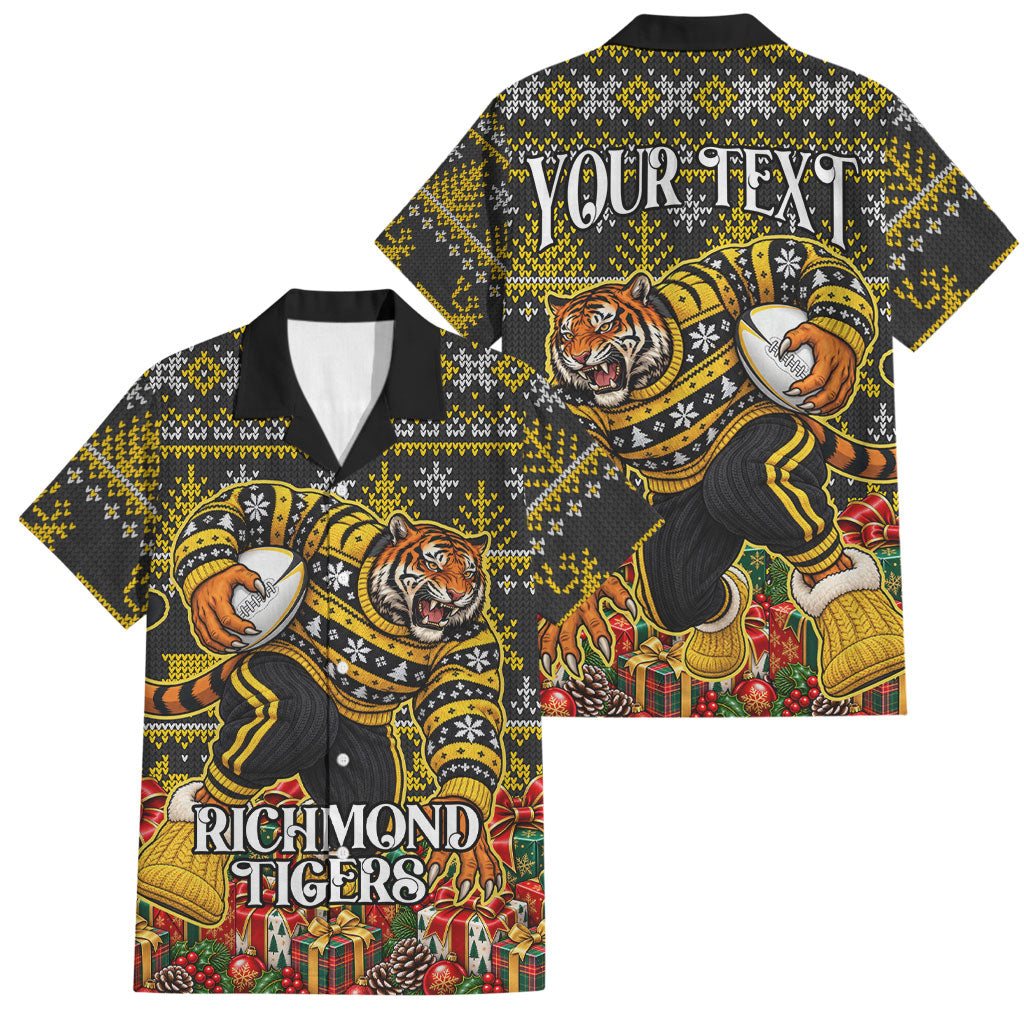 Personalized Richmond Tigers Football Christmas Family Matching Off Shoulder Short Dress and Hawaiian Shirt Australian Football Mascot - Ugly Xmas Pattern Festive