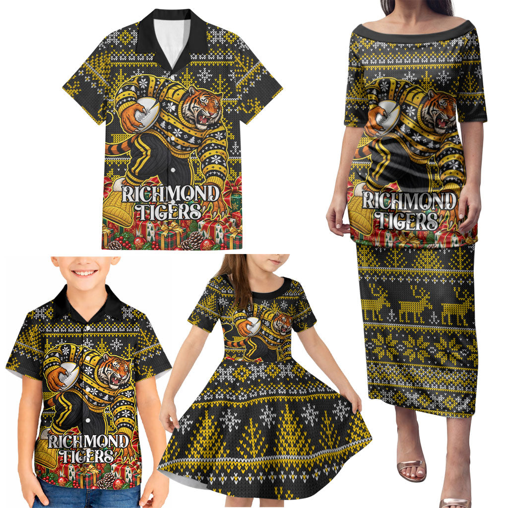 Personalized Richmond Tigers Football Christmas Family Matching Puletasi and Hawaiian Shirt Australian Football Mascot - Ugly Xmas Pattern Festive