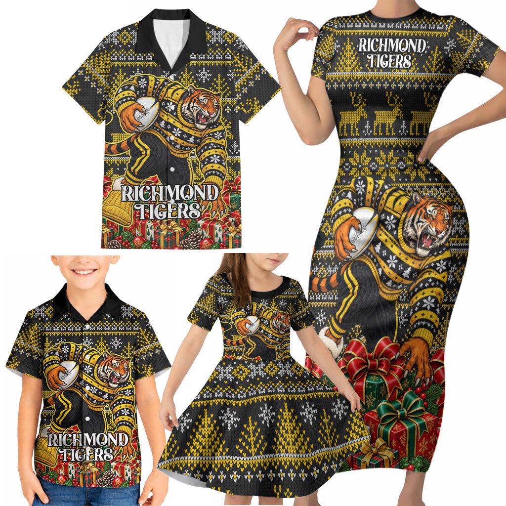 Personalized Richmond Tigers Football Christmas Family Matching Short Sleeve Bodycon Dress and Hawaiian Shirt Australian Football Mascot - Ugly Xmas Pattern Festive