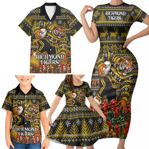 Personalized Richmond Tigers Football Christmas Family Matching Short Sleeve Bodycon Dress and Hawaiian Shirt Australian Football Mascot - Ugly Xmas Pattern Festive