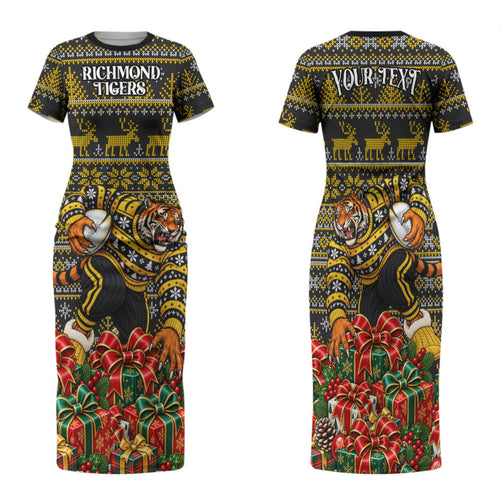 Personalized Richmond Tigers Football Christmas Family Matching Short Sleeve Bodycon Dress and Hawaiian Shirt Australian Football Mascot - Ugly Xmas Pattern Festive