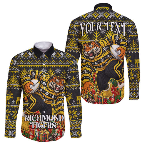 Personalized Richmond Tigers Football Christmas Family Matching Short Sleeve Bodycon Dress and Hawaiian Shirt Australian Football Mascot - Ugly Xmas Pattern Festive