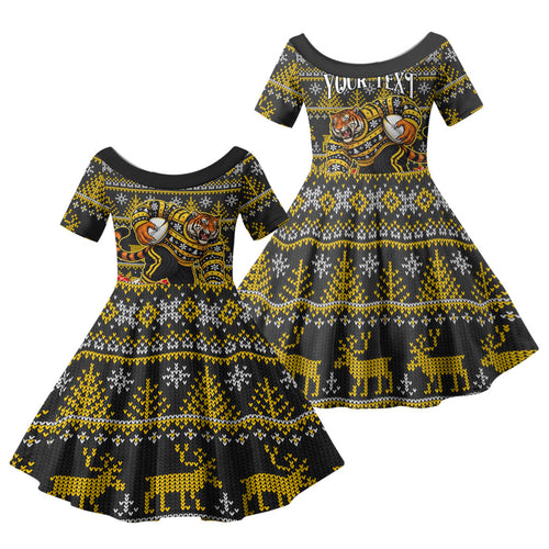 Personalized Richmond Tigers Football Christmas Family Matching Short Sleeve Bodycon Dress and Hawaiian Shirt Australian Football Mascot - Ugly Xmas Pattern Festive