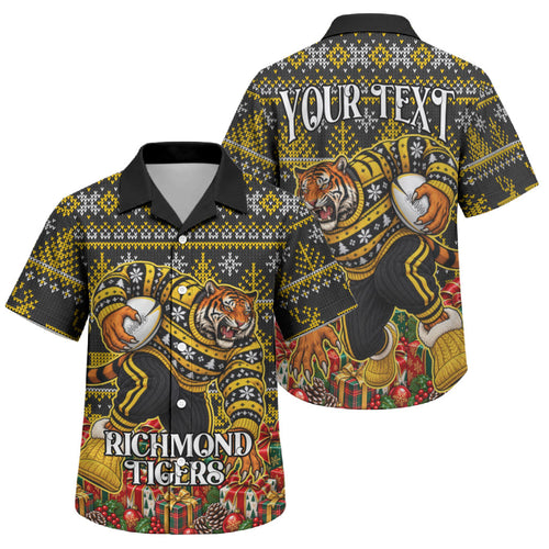 Personalized Richmond Tigers Football Christmas Family Matching Short Sleeve Bodycon Dress and Hawaiian Shirt Australian Football Mascot - Ugly Xmas Pattern Festive