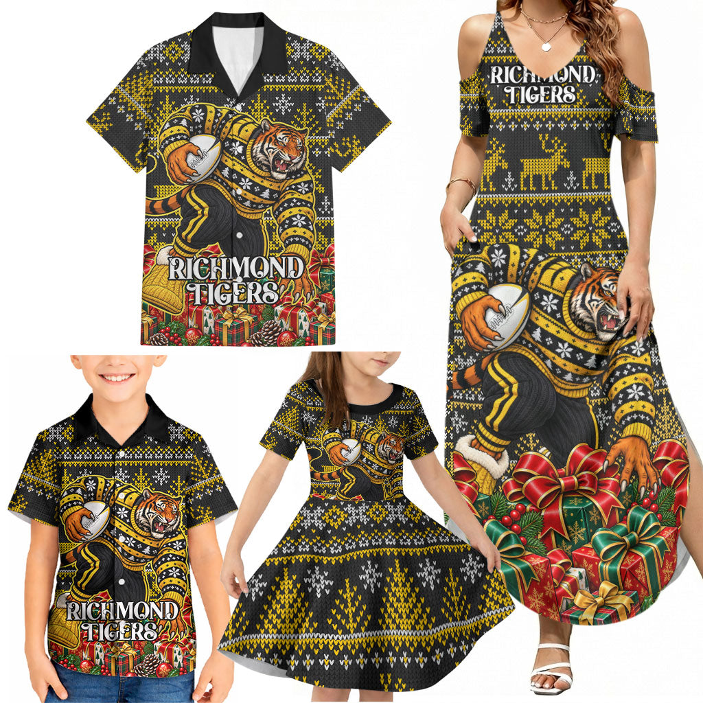 Personalized Richmond Tigers Football Christmas Family Matching Summer Maxi Dress and Hawaiian Shirt Australian Football Mascot - Ugly Xmas Pattern Festive