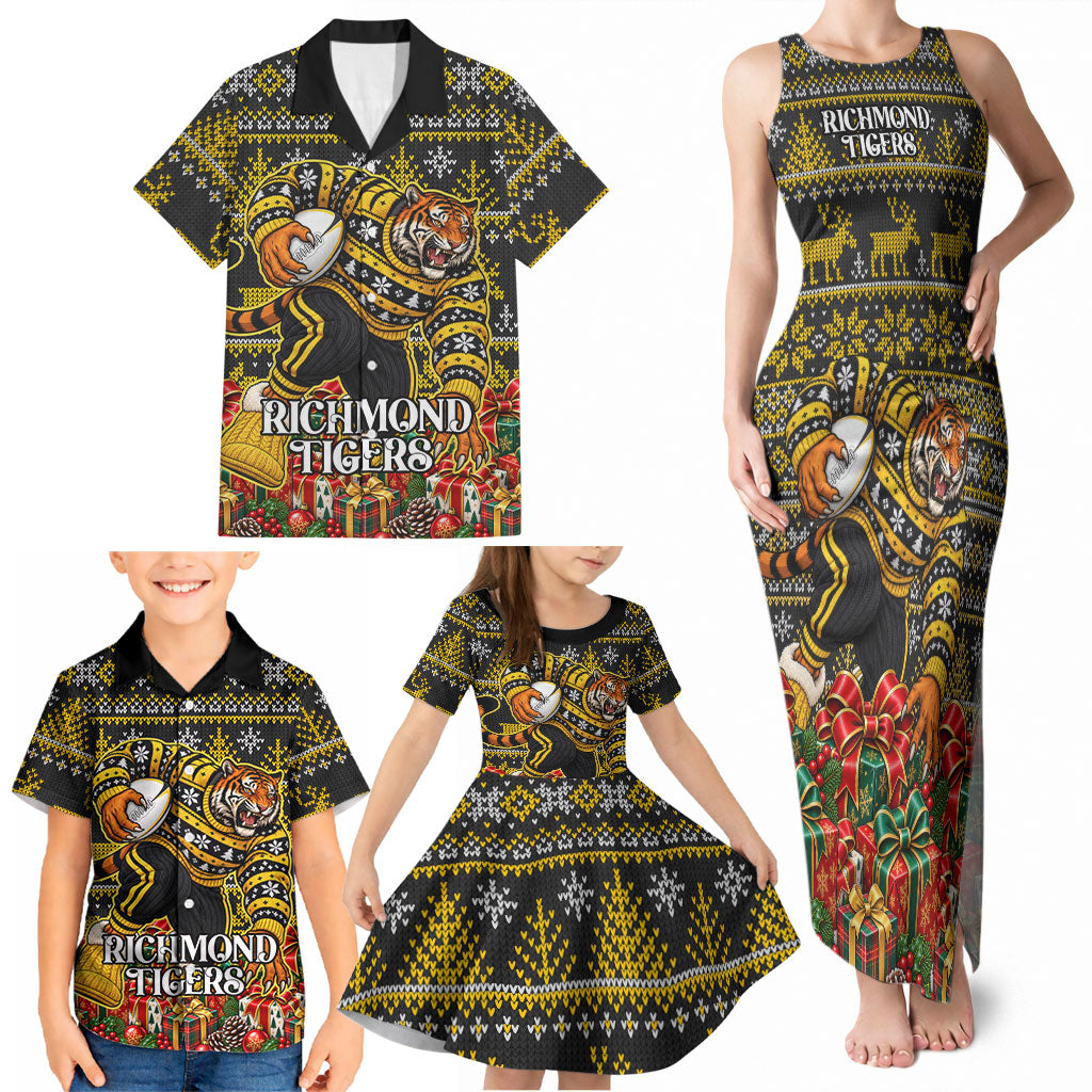 Personalized Richmond Tigers Football Christmas Family Matching Tank Maxi Dress and Hawaiian Shirt Australian Football Mascot - Ugly Xmas Pattern Festive