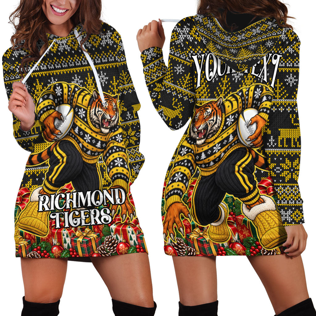 Personalized Richmond Tigers Football Christmas Hoodie Dress Australian Football Mascot - Ugly Xmas Pattern Festive