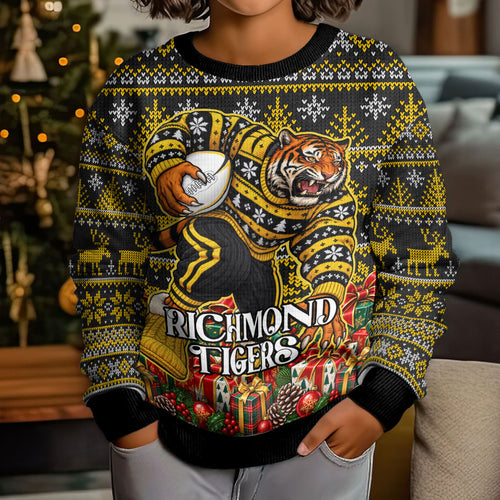 Personalized Richmond Tigers Football Christmas Kid Ugly Christmas Sweater Australian Football Mascot - Ugly Xmas Pattern Festive