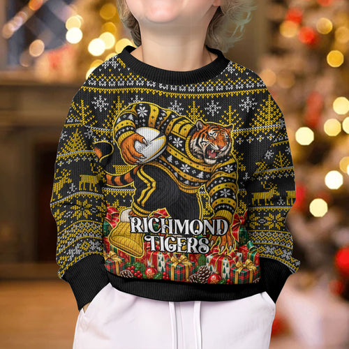 Personalized Richmond Tigers Football Christmas Kid Ugly Christmas Sweater Australian Football Mascot - Ugly Xmas Pattern Festive