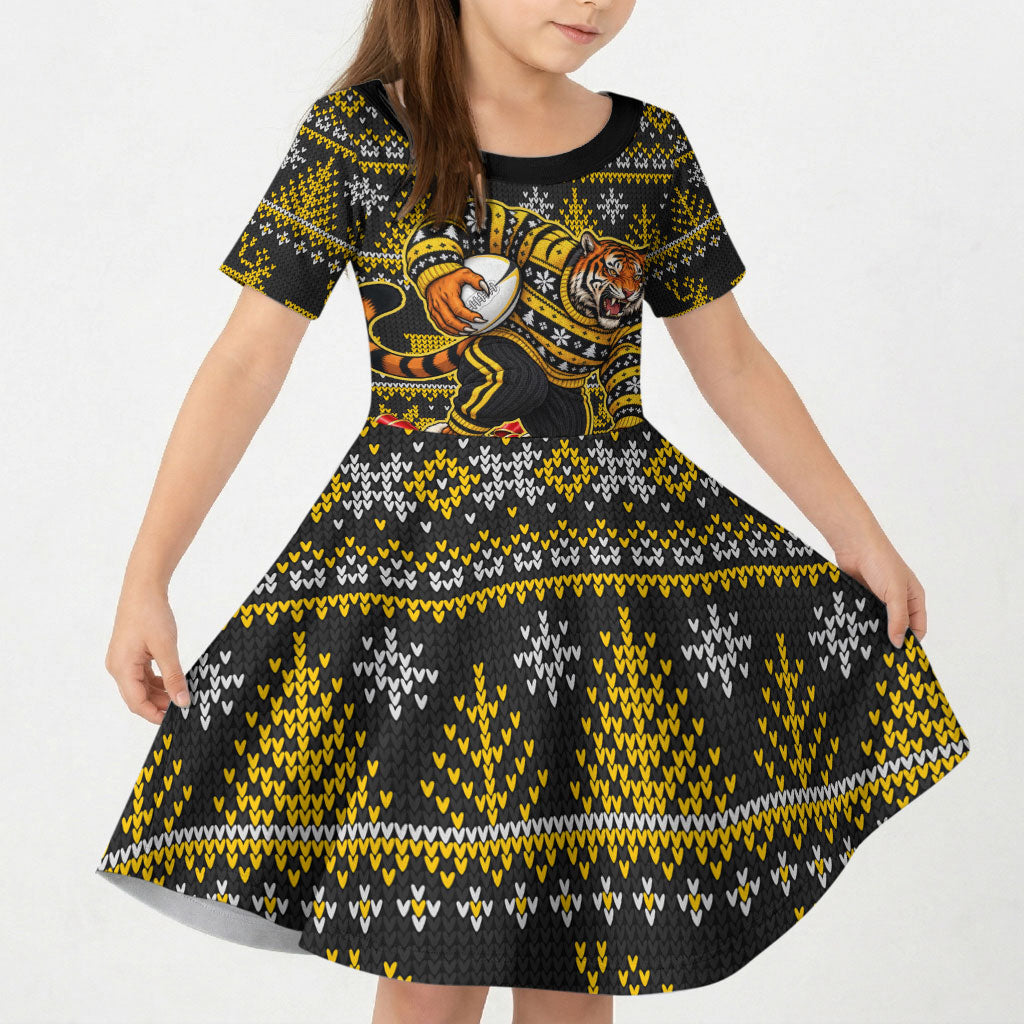 Personalized Richmond Tigers Football Christmas Kid Short Sleeve Dress Australian Football Mascot - Ugly Xmas Pattern Festive