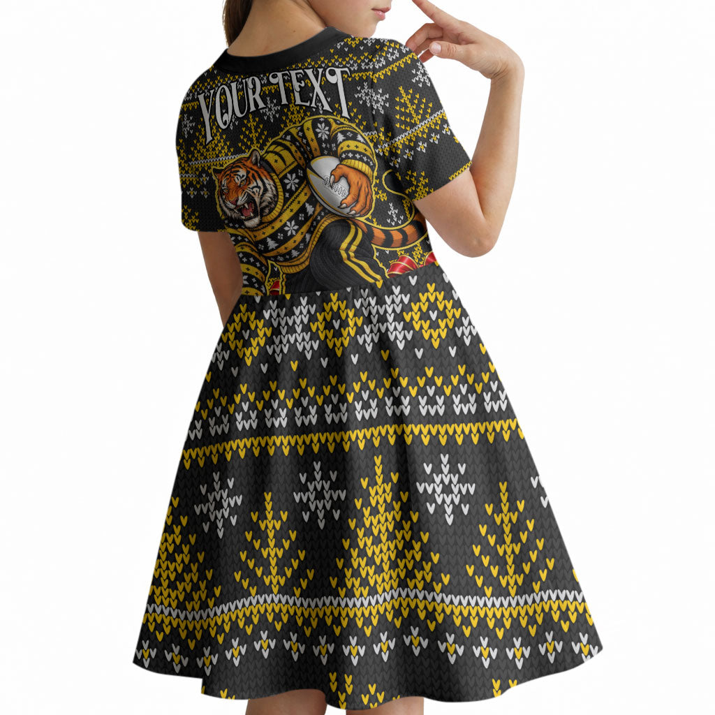 Personalized Richmond Tigers Football Christmas Kid Short Sleeve Dress Australian Football Mascot - Ugly Xmas Pattern Festive