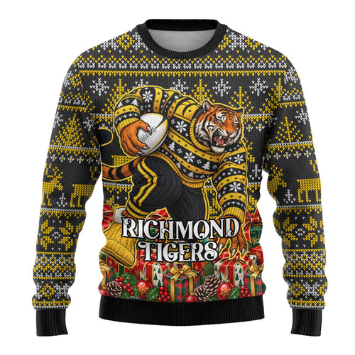 Personalized Richmond Tigers Football Christmas Ugly Christmas Sweater Australian Football Mascot - Ugly Xmas Pattern Festive