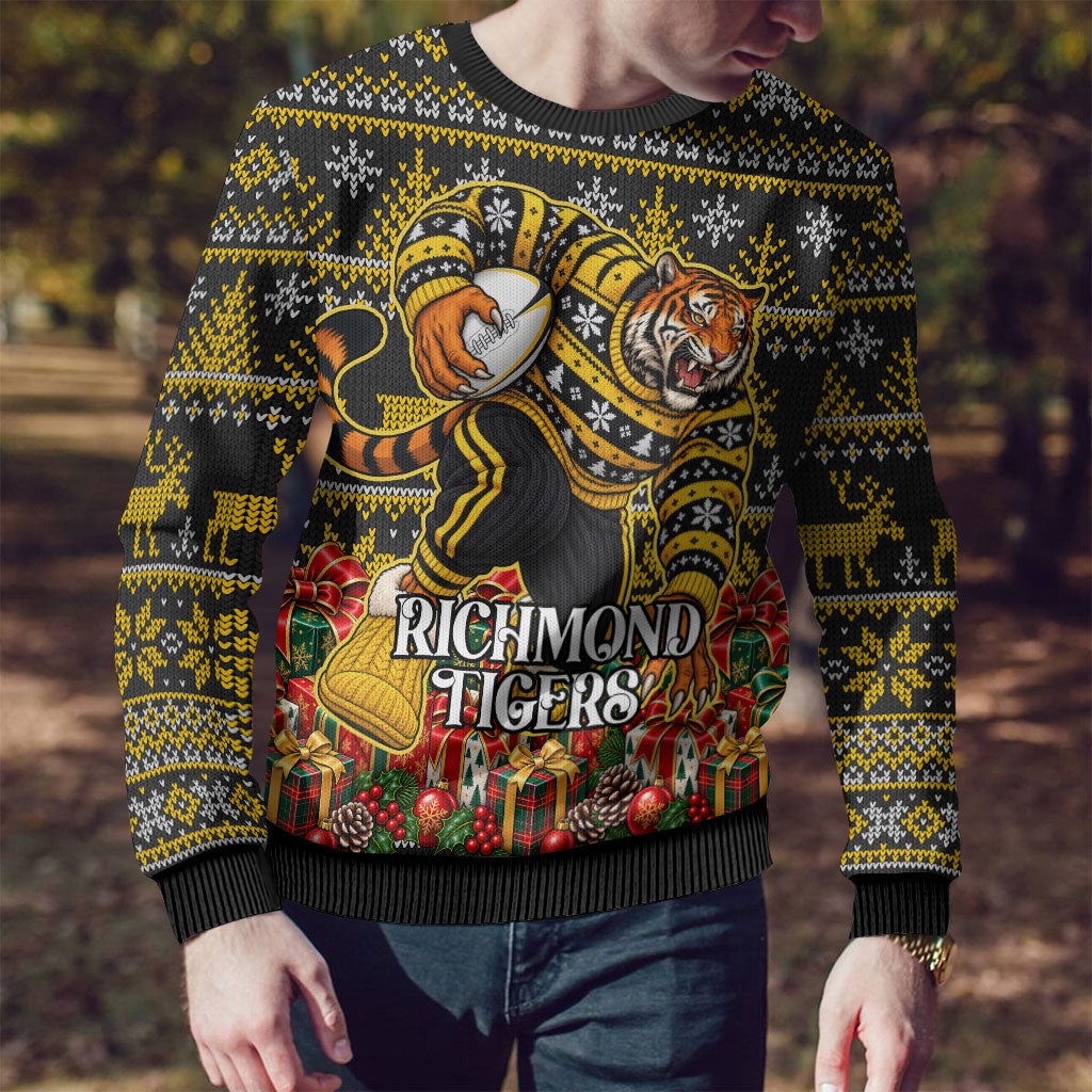 Personalized Richmond Tigers Football Christmas Ugly Christmas Sweater Australian Football Mascot - Ugly Xmas Pattern Festive