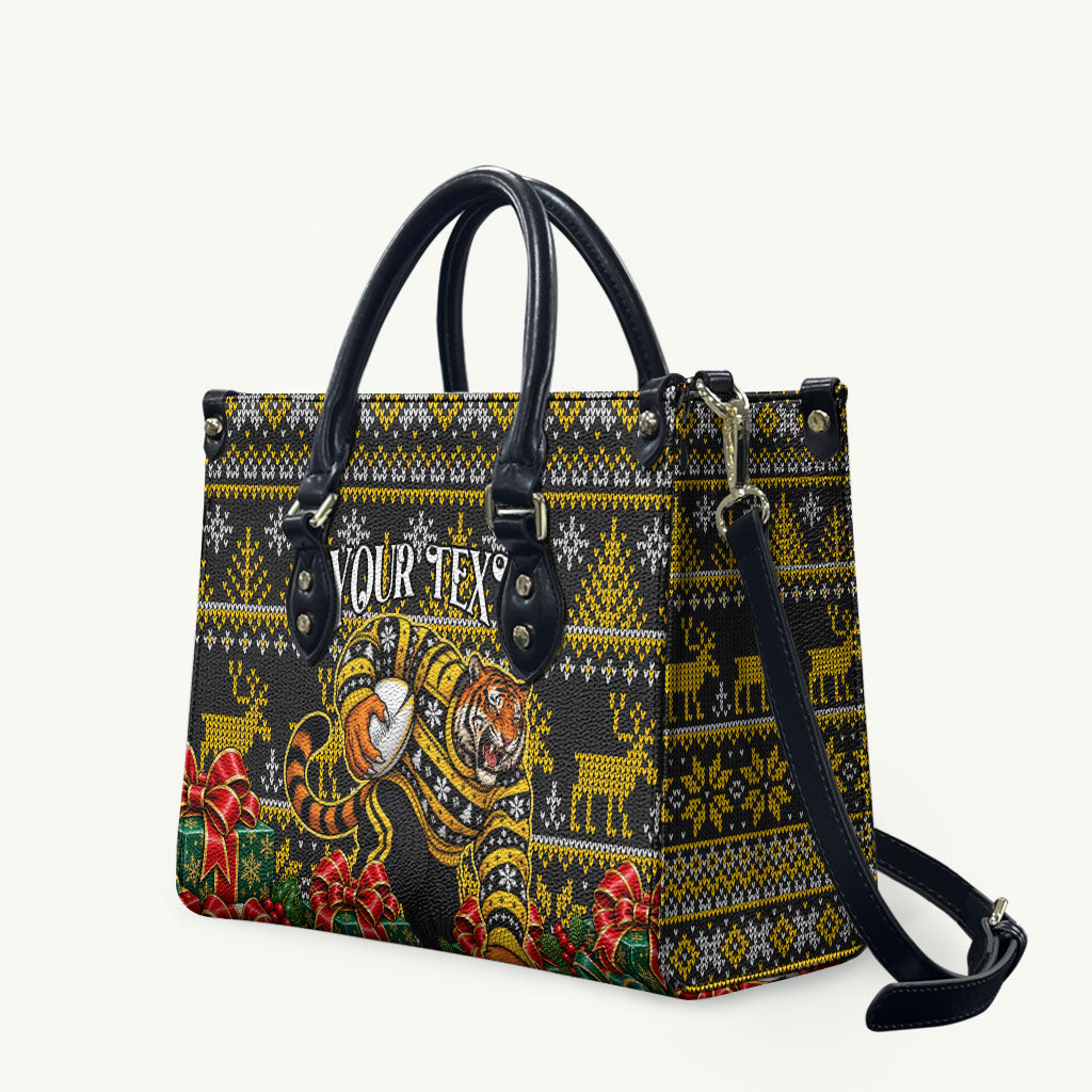 Personalized Richmond Tigers Football Christmas Leather Bag Australian Football Mascot - Ugly Xmas Pattern Festive