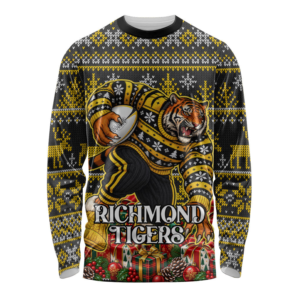 Personalized Richmond Tigers Football Christmas Long Sleeve Shirt Australian Football Mascot - Ugly Xmas Pattern Festive