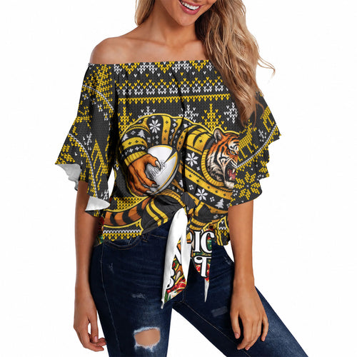 Personalized Richmond Tigers Football Christmas Off Shoulder Wrap Waist Top Australian Football Mascot - Ugly Xmas Pattern Festive