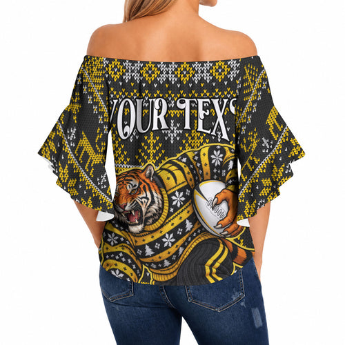 Personalized Richmond Tigers Football Christmas Off Shoulder Wrap Waist Top Australian Football Mascot - Ugly Xmas Pattern Festive