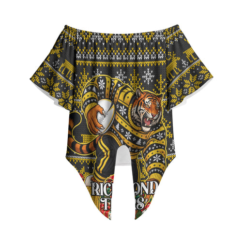 Personalized Richmond Tigers Football Christmas Off Shoulder Wrap Waist Top Australian Football Mascot - Ugly Xmas Pattern Festive