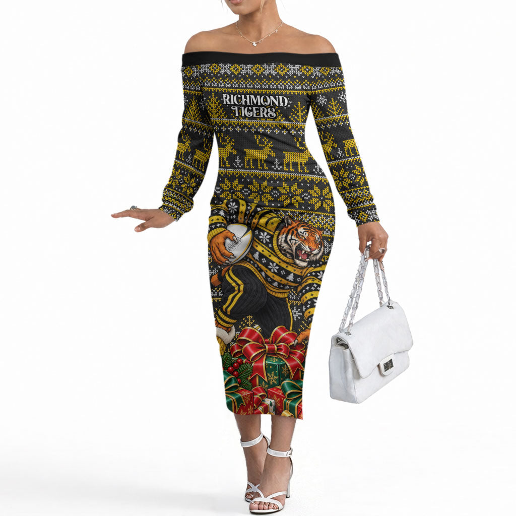 Personalized Richmond Tigers Football Christmas Off The Shoulder Long Sleeve Dress Australian Football Mascot - Ugly Xmas Pattern Festive