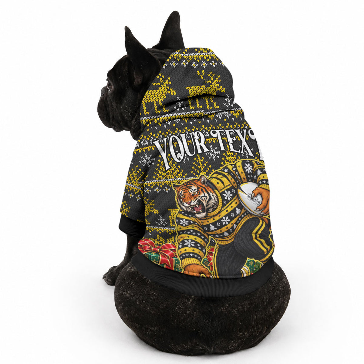 Personalized Richmond Tigers Football Christmas Pet Hoodie Australian Football Mascot - Ugly Xmas Pattern Festive