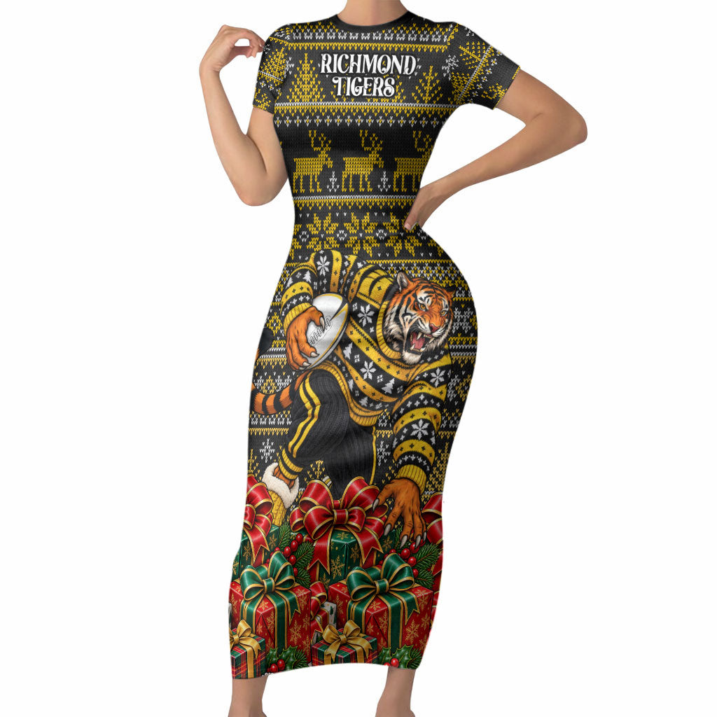 Personalized Richmond Tigers Football Christmas Short Sleeve Bodycon Dress Australian Football Mascot - Ugly Xmas Pattern Festive