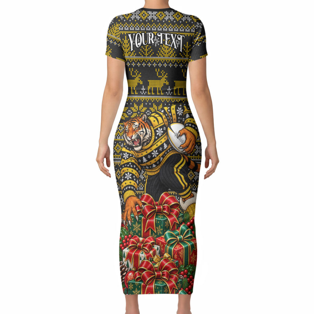 Personalized Richmond Tigers Football Christmas Short Sleeve Bodycon Dress Australian Football Mascot - Ugly Xmas Pattern Festive