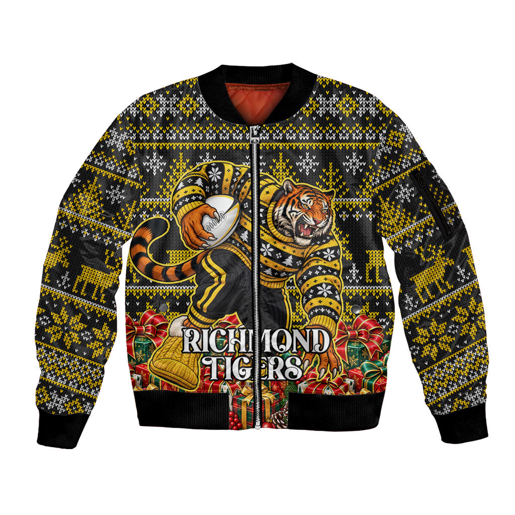 Personalized Richmond Tigers Football Christmas Sleeve Zip Bomber Jacket Australian Football Mascot - Ugly Xmas Pattern Festive