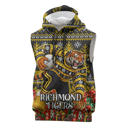 Personalized Richmond Tigers Football Christmas Sleeveless Hoodie Australian Football Mascot - Ugly Xmas Pattern Festive