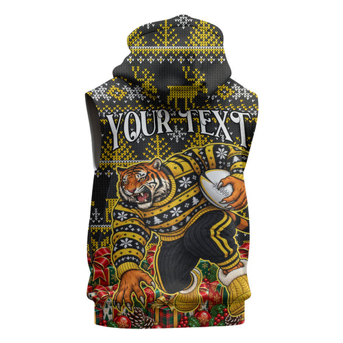 Personalized Richmond Tigers Football Christmas Sleeveless Hoodie Australian Football Mascot - Ugly Xmas Pattern Festive